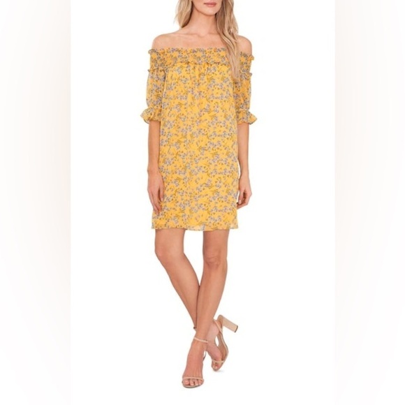 CECE Floral Print Off The Shoulder Shift Dress In Saffron Size Small NEW - Picture 1 of 7